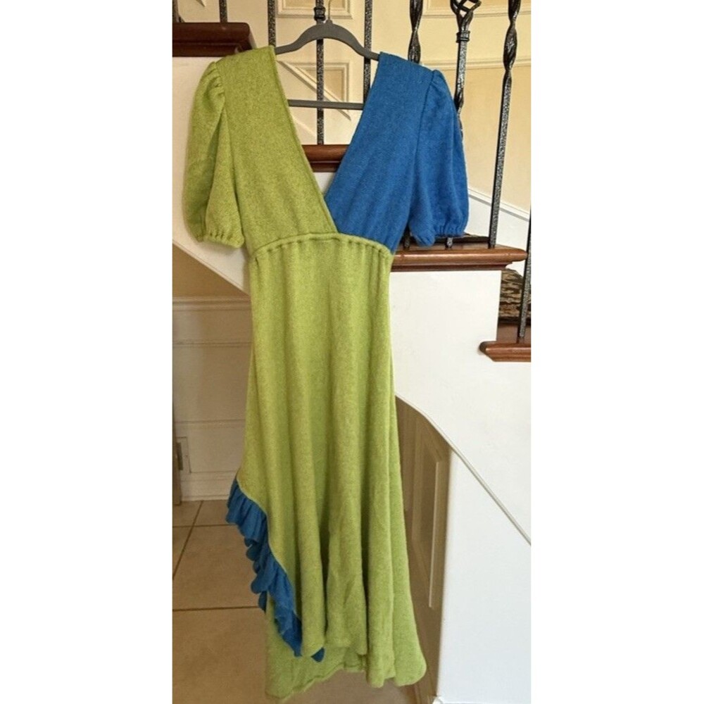 KKCo Greek Dress Size L Cerulean Kelp Green Blue Wool Blend Ruffle Midi Maxi